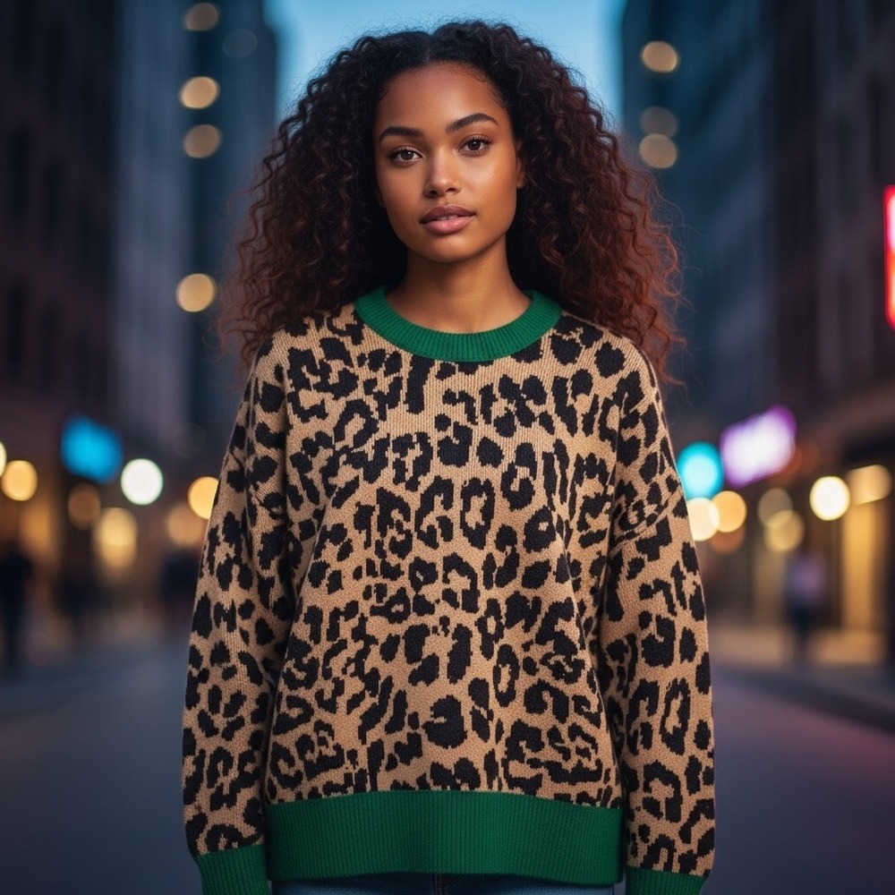 Aerie Leopard Print Sweater Women Large Tan Green Contrast Trim Oversized Knit